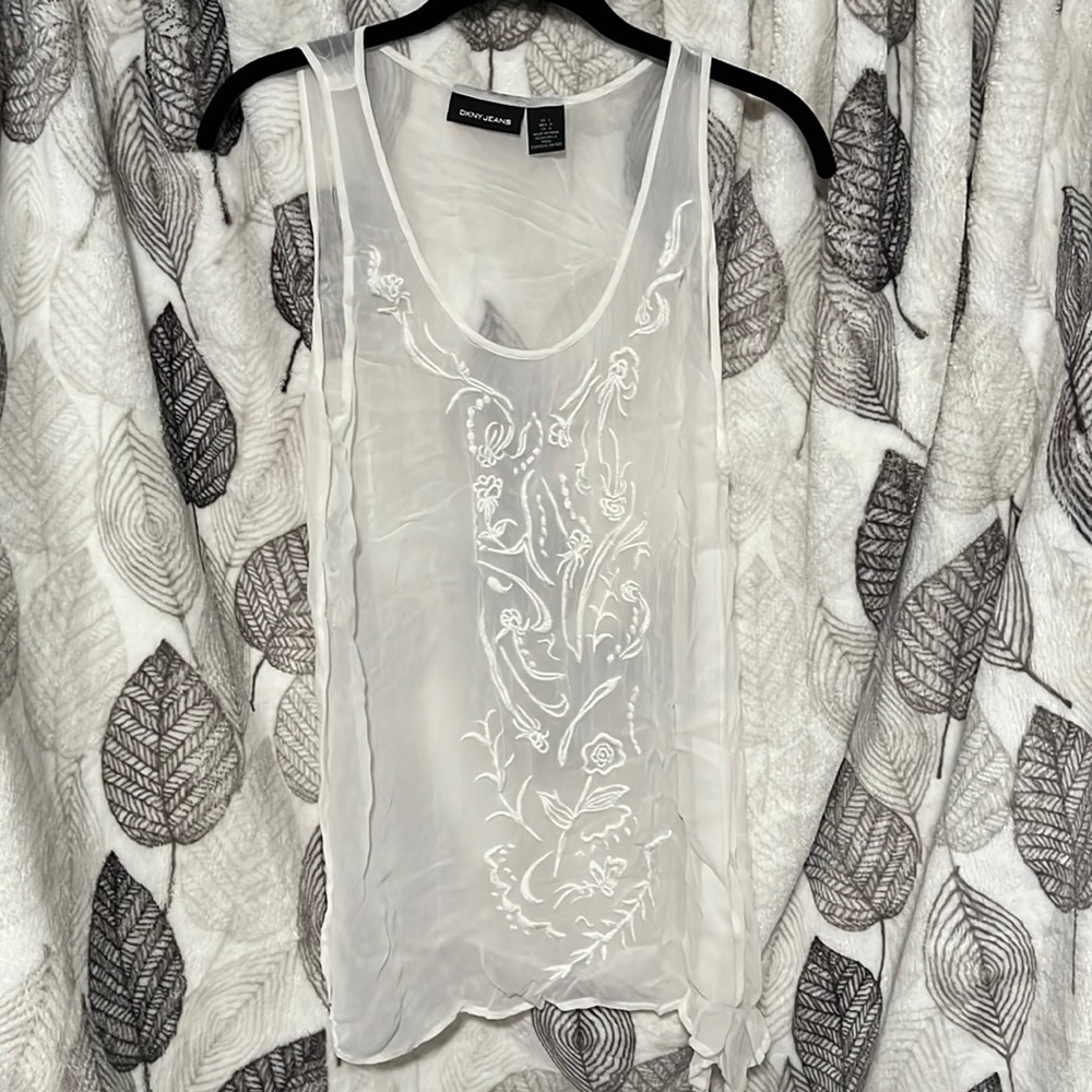 White/sheer tank top with floral stitch design